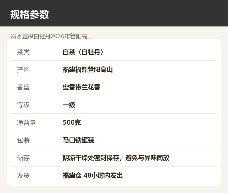 岚香壹级白牡丹2026年管阳高山 详情图